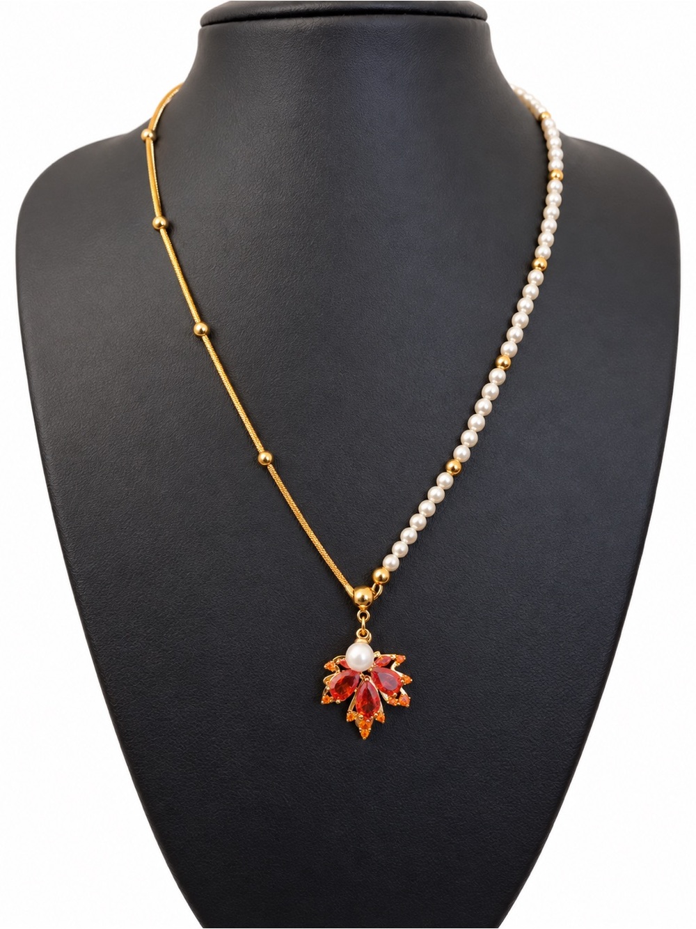 Red Maple Leaf 18K Gold Plated CZ Faux Pearl Asymmetrical Necklace - New